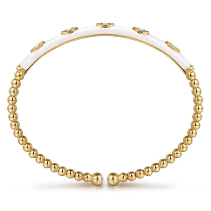 Enamel - 14K Yellow Gold Bujukan Beads and Diamond Split Bangle with White Enamel