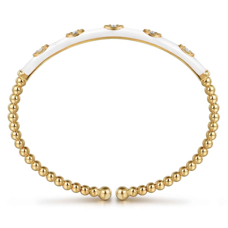 Enamel - 14K Yellow Gold Bujukan Beads and Diamond Split Bangle with White Enamel - 0.1 ct - Shot 3