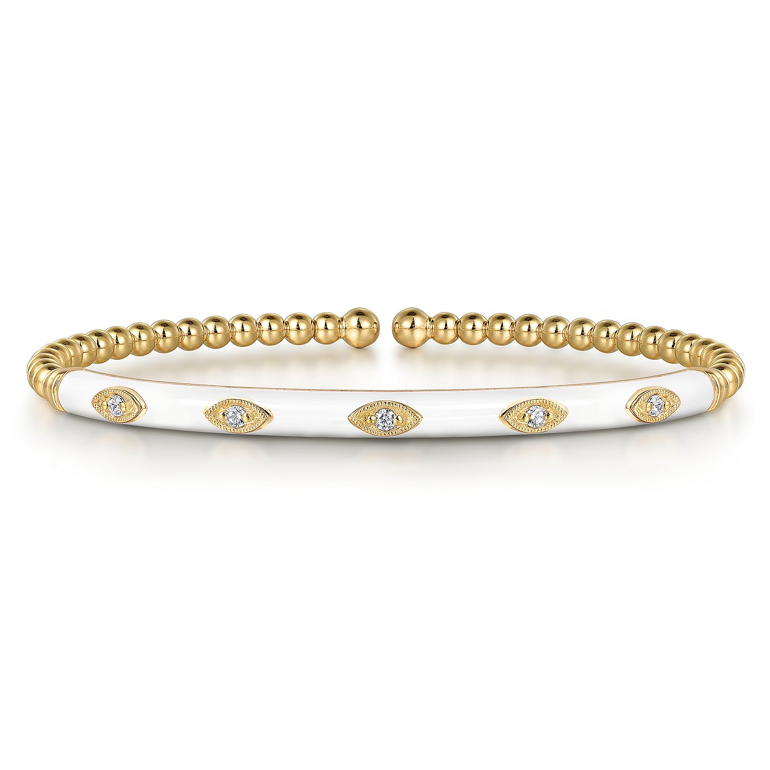 Enamel - 14K Yellow Gold Bujukan Beads and Diamond Split Bangle with White Enamel