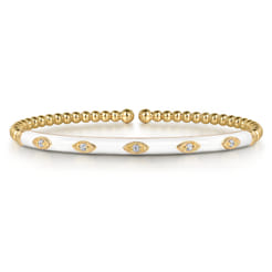 Enamel - 14K Yellow Gold Bujukan Beads and Diamond Split Bangle with White Enamel