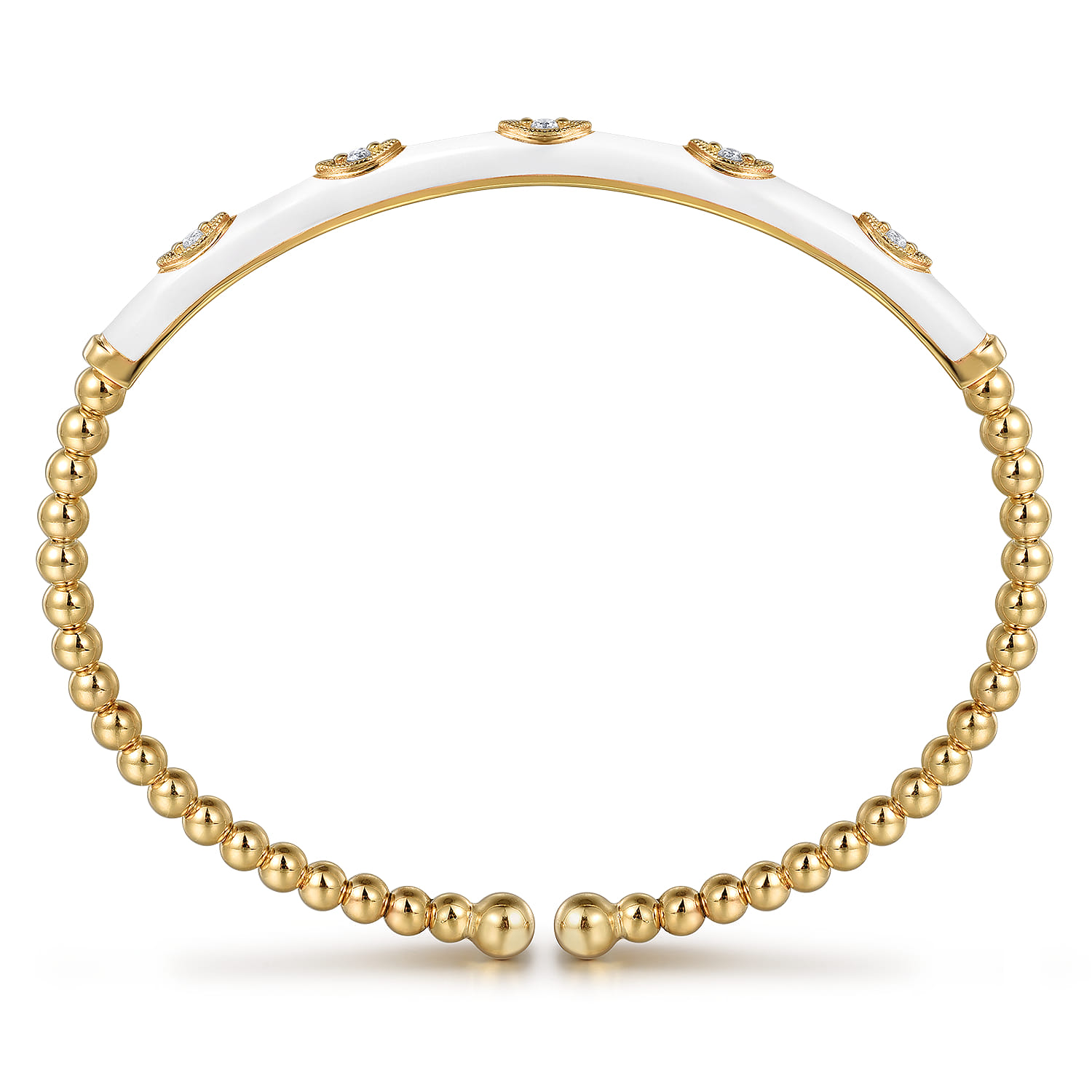 Enamel - 14K Yellow Gold Bujukan Beads and Diamond Split Bangle with White Enamel - 0.1 ct - Shot 3