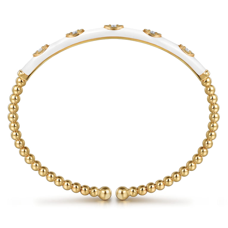 Enamel - 14K Yellow Gold Bujukan Beads and Diamond Split Bangle with White Enamel - 0.1 ct - Shot 3