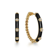 Enamel - 14K Yellow Gold Bujukan Beads and Diamond Split Classic Hoop with Black Enamel
