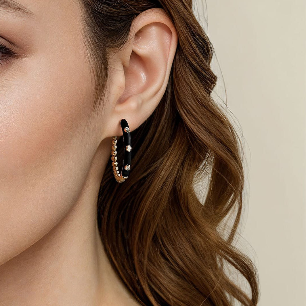 Enamel - 14K Yellow Gold Bujukan Beads and Diamond Split Classic Hoop with Black Enamel - 0.18 ct - Shot 2