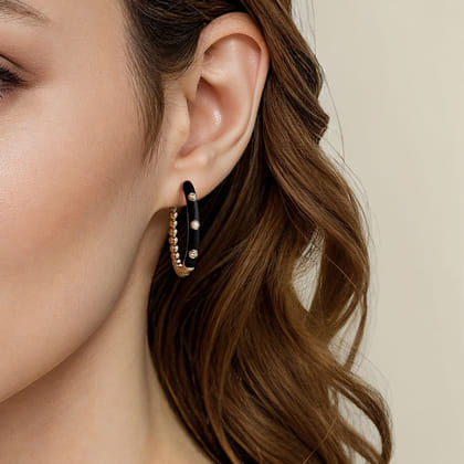 Enamel - 14K Yellow Gold Bujukan Beads and Diamond Split Classic Hoop with Black Enamel