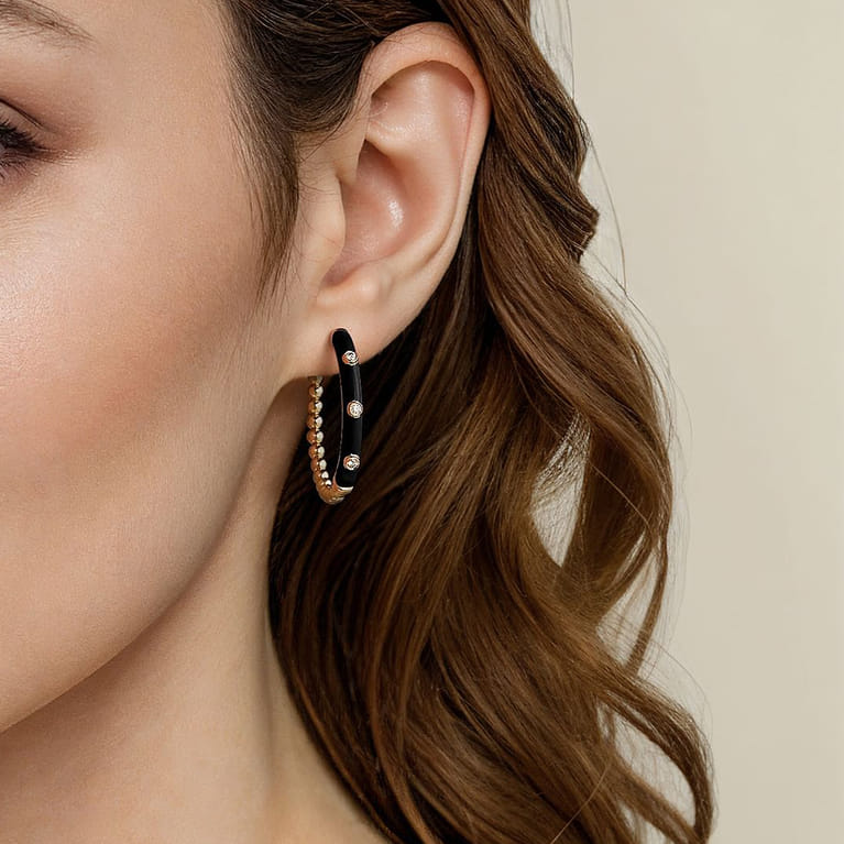 Enamel - 14K Yellow Gold Bujukan Beads and Diamond Split Classic Hoop with Black Enamel - 0.18 ct - Shot 2