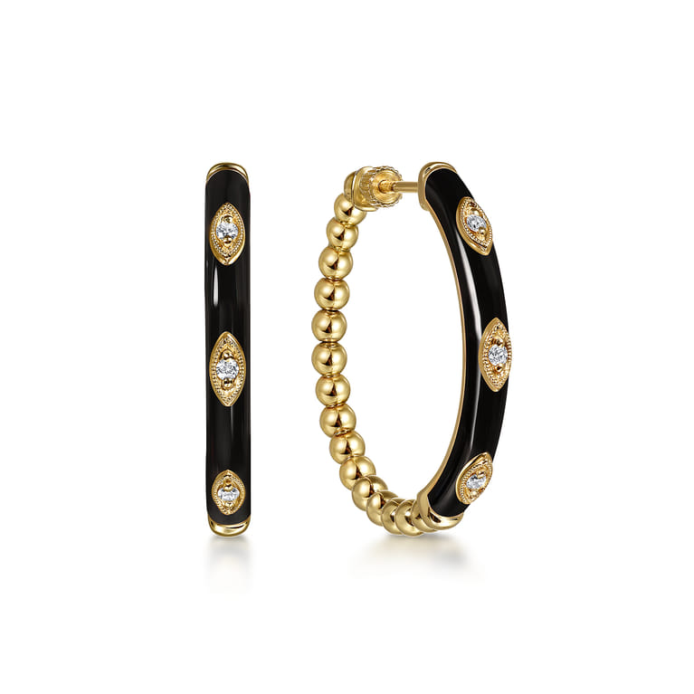 Enamel - 14K Yellow Gold Bujukan Beads and Diamond Split Classic Hoop with Black Enamel - 0.1 ct - Shot 1