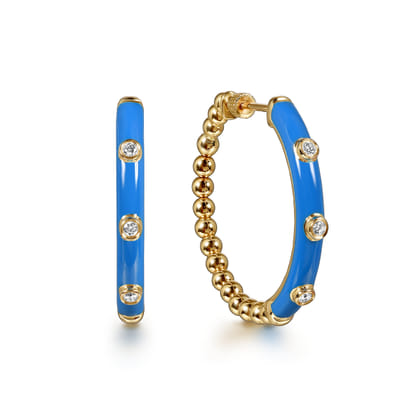 Enamel - 14K Yellow Gold Bujukan Beads and Diamond Split Classic Hoop with Blue Enamel