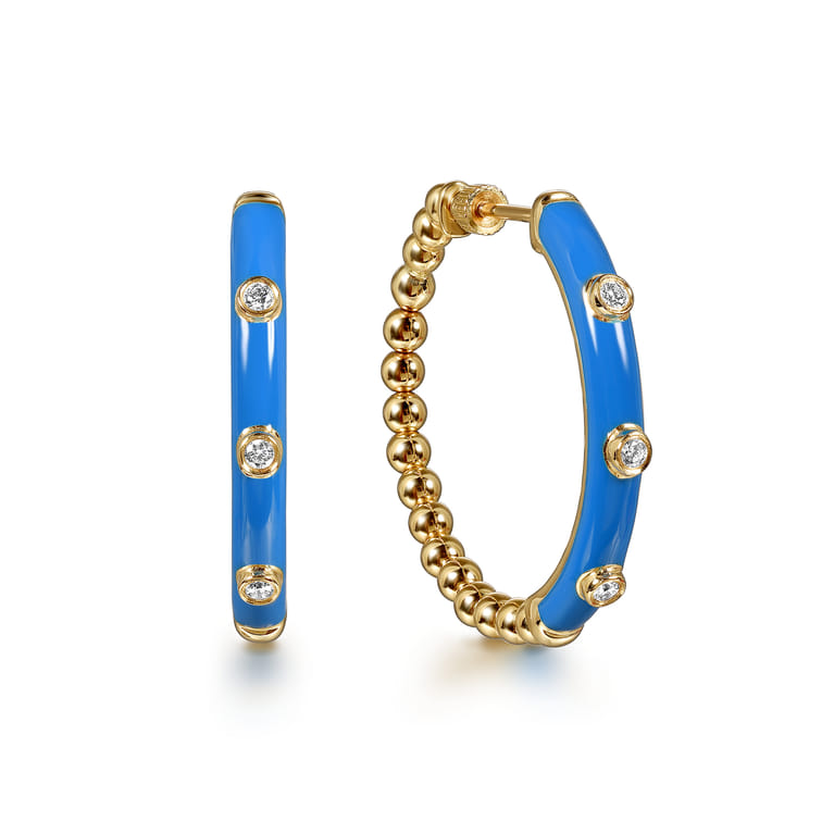 Enamel - 14K Yellow Gold Bujukan Beads and Diamond Split Classic Hoop with Blue Enamel - 0.18 ct - Shot 1