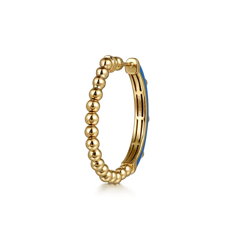 Enamel - 14K Yellow Gold Bujukan Beads and Diamond Split Classic Hoop with Blue Enamel - 0.18 ct - Shot 3