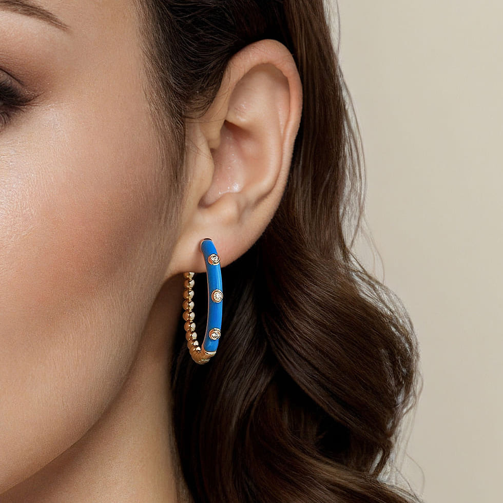 Enamel - 14K Yellow Gold Bujukan Beads and Diamond Split Classic Hoop with Blue Enamel - 0.18 ct - Shot 4