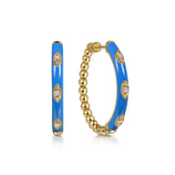 Enamel - 14K Yellow Gold Bujukan Beads and Diamond Split Classic Hoop with Blue Enamel