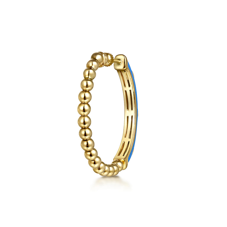 Enamel - 14K Yellow Gold Bujukan Beads and Diamond Split Classic Hoop with Blue Enamel - 0.1 ct - Shot 2