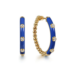 Enamel - 14K Yellow Gold Bujukan Beads and Diamond Split Classic Hoop with Chrome Blue Enamel