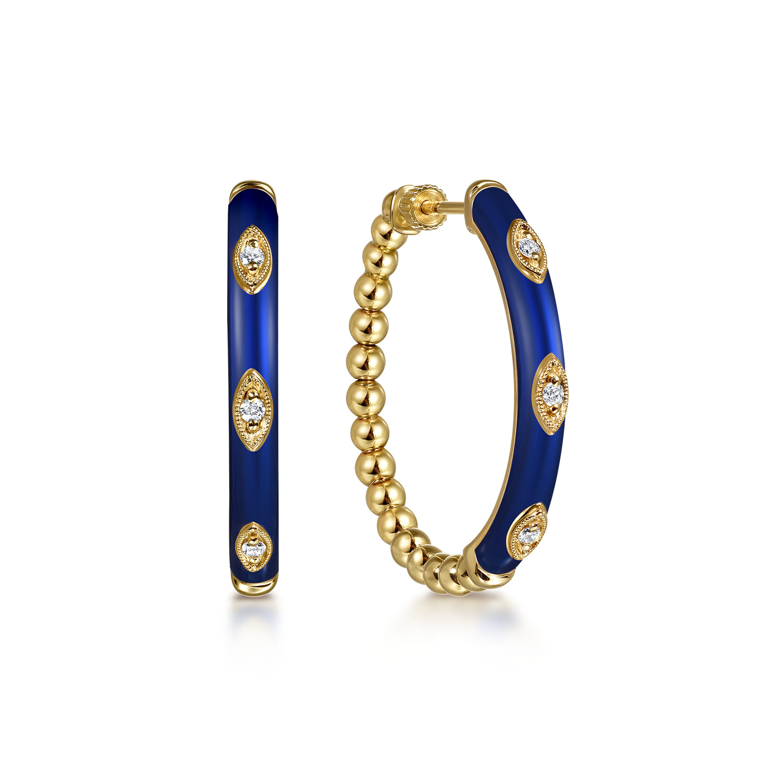 Enamel - 14K Yellow Gold Bujukan Beads and Diamond Split Classic Hoop with Chrome Blue Enamel - 0.1 ct - Shot 1