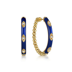 Enamel - 14K Yellow Gold Bujukan Beads and Diamond Split Classic Hoop with Chrome Blue Enamel