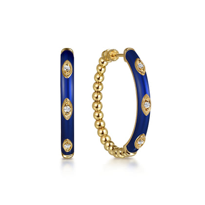 Enamel - 14K Yellow Gold Bujukan Beads and Diamond Split Classic Hoop with Chrome Blue Enamel