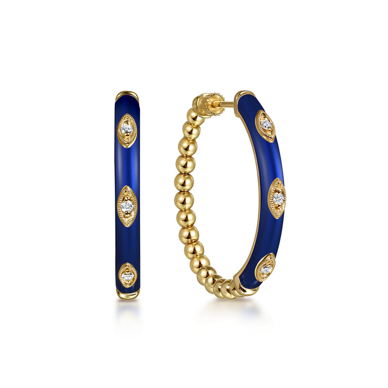 Enamel - 14K Yellow Gold Bujukan Beads and Diamond Split Classic Hoop with Chrome Blue Enamel - 0.1 ct - Shot 1