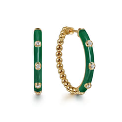 Enamel - 14K Yellow Gold Bujukan Beads and Diamond Split Classic Hoop with Chrome Green Enamel