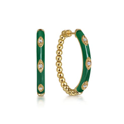 Enamel - 14K Yellow Gold Bujukan Beads and Diamond Split Classic Hoop with Chrome Green Enamel