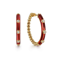 Enamel - 14K Yellow Gold Bujukan Beads and Diamond Split Classic Hoop with Chrome Red Enamel