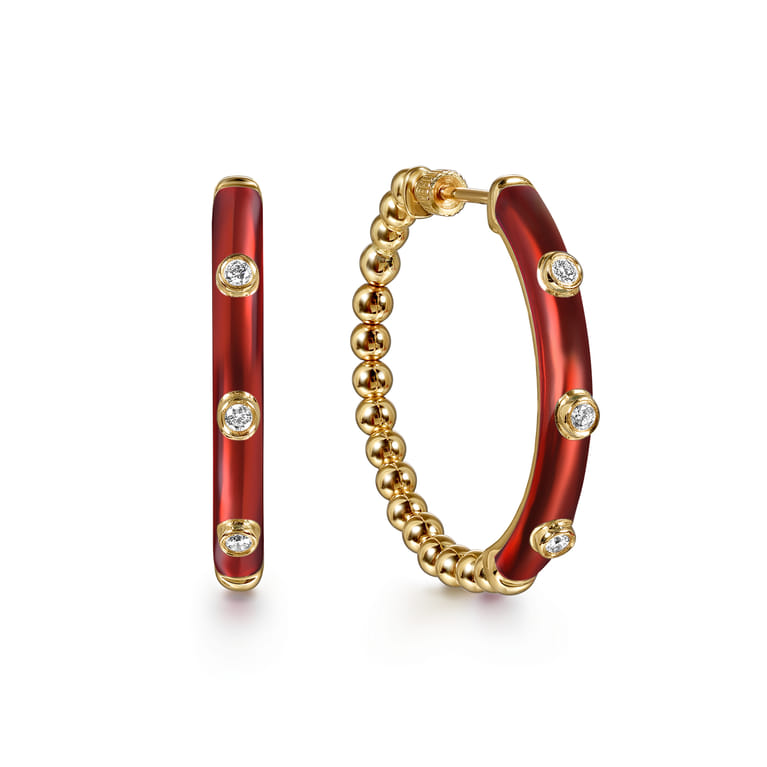 Enamel - 14K Yellow Gold Bujukan Beads and Diamond Split Classic Hoop with Chrome Red Enamel - 0.18 ct - Shot 1