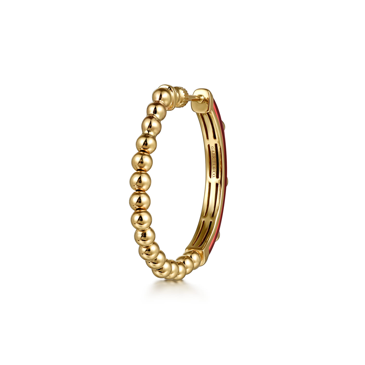 Enamel - 14K Yellow Gold Bujukan Beads and Diamond Split Classic Hoop with Chrome Red Enamel - 0.18 ct - Shot 2