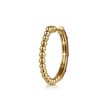 Enamel - 14K Yellow Gold Bujukan Beads and Diamond Split Classic Hoop with Chrome Red Enamel