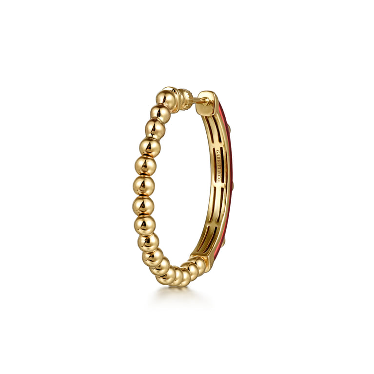 Enamel - 14K Yellow Gold Bujukan Beads and Diamond Split Classic Hoop with Chrome Red Enamel - 0.18 ct - Shot 2