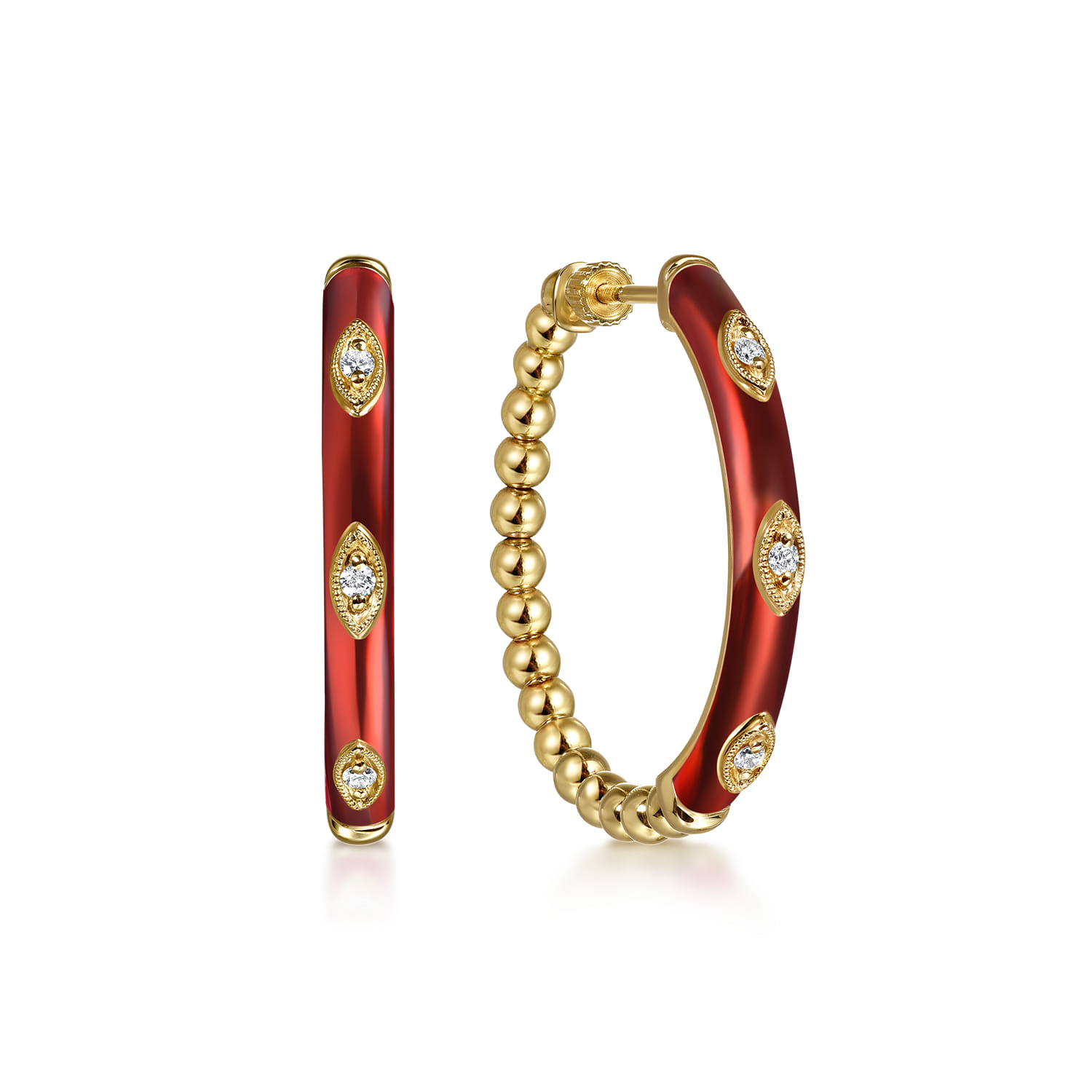 Enamel - 14K Yellow Gold Bujukan Beads and Diamond Split Classic Hoop with Chrome Red Enamel - 0.1 ct - Shot 1