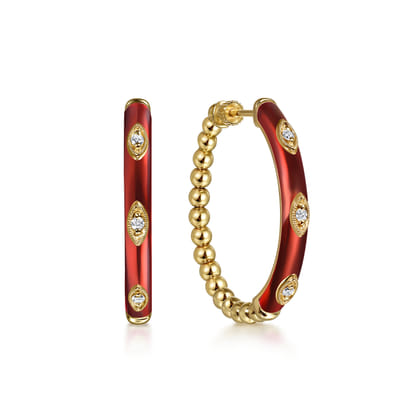 Enamel - 14K Yellow Gold Bujukan Beads and Diamond Split Classic Hoop with Chrome Red Enamel