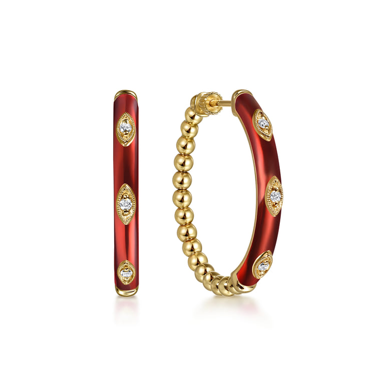 Enamel - 14K Yellow Gold Bujukan Beads and Diamond Split Classic Hoop with Chrome Red Enamel - 0.1 ct - Shot 1