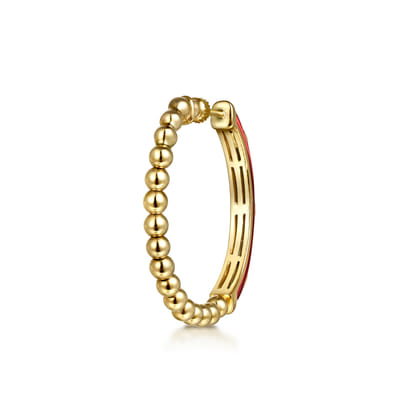 Enamel - 14K Yellow Gold Bujukan Beads and Diamond Split Classic Hoop with Chrome Red Enamel