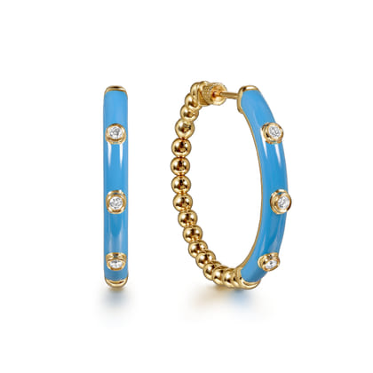 Enamel - 14K Yellow Gold Bujukan Beads and Diamond Split Classic Hoop with Dusk Blue Enamel