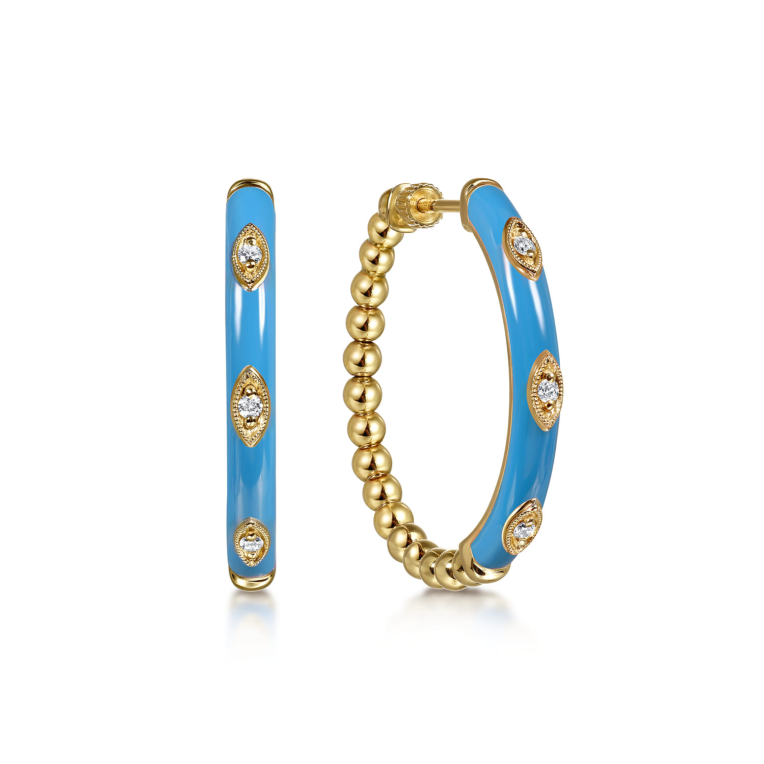 Enamel - 14K Yellow Gold Bujukan Beads and Diamond Split Classic Hoop with Dusk Blue Enamel - 0.1 ct - Shot 1