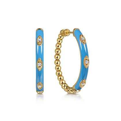 Enamel - 14K Yellow Gold Bujukan Beads and Diamond Split Classic Hoop with Dusk Blue Enamel