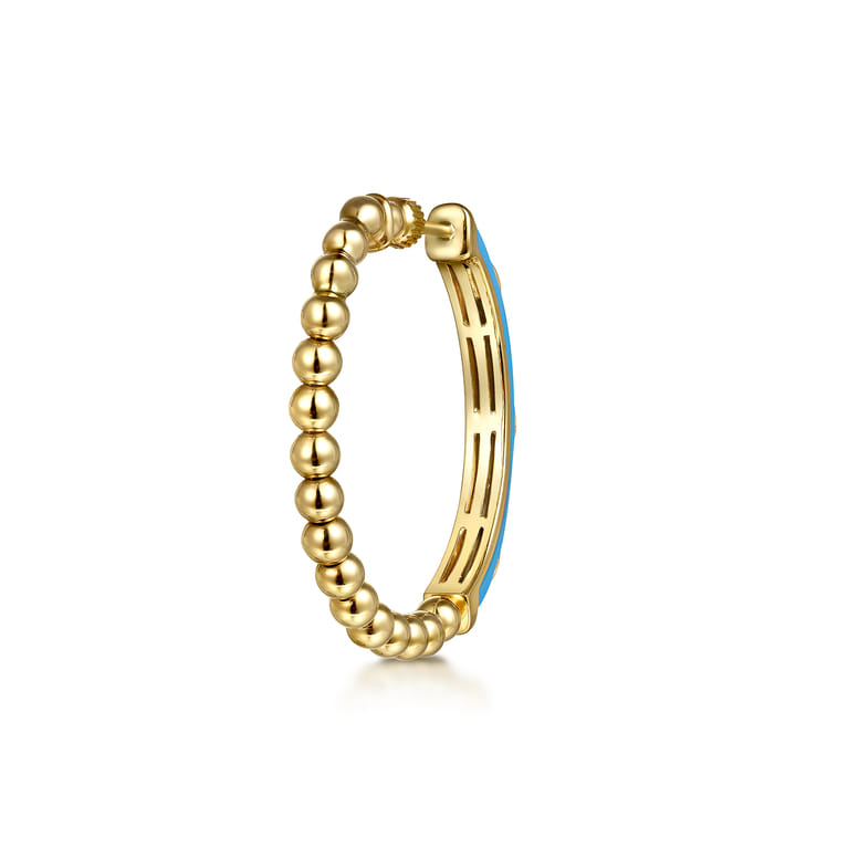 Enamel - 14K Yellow Gold Bujukan Beads and Diamond Split Classic Hoop with Dusk Blue Enamel - 0.1 ct - Shot 2