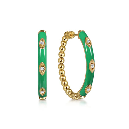 Enamel - 14K Yellow Gold Bujukan Beads and Diamond Split Classic Hoop with Emerald Green Enamel