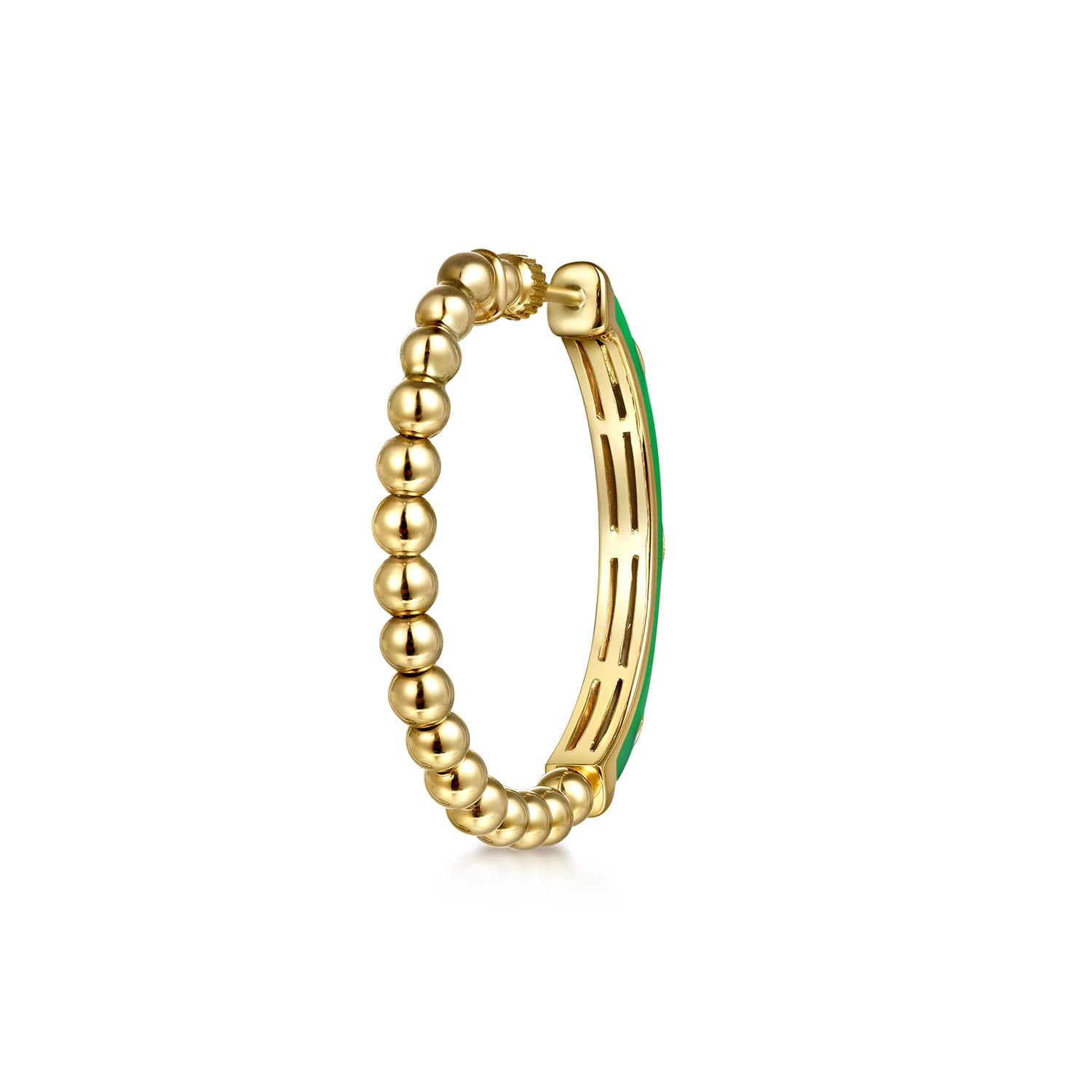 Enamel - 14K Yellow Gold Bujukan Beads and Diamond Split Classic Hoop with Emerald Green Enamel - 0.1 ct - Shot 2