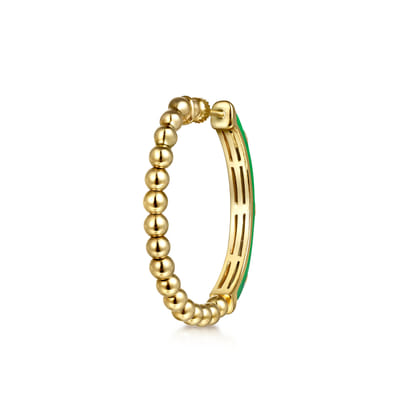 Enamel - 14K Yellow Gold Bujukan Beads and Diamond Split Classic Hoop with Emerald Green Enamel