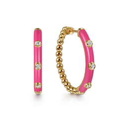 Enamel - 14K Yellow Gold Bujukan Beads and Diamond Split Classic Hoop with Fuchsia Enamel