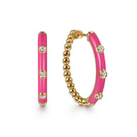 Enamel - 14K Yellow Gold Bujukan Beads and Diamond Split Classic Hoop with Fuchsia Enamel