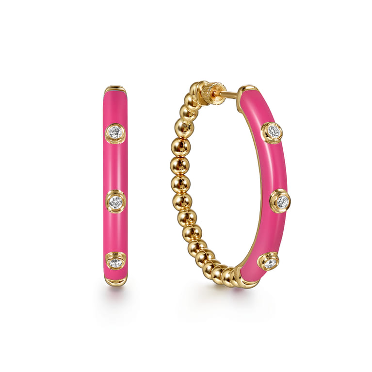 Enamel - 14K Yellow Gold Bujukan Beads and Diamond Split Classic Hoop with Fuchsia Enamel - 0.18 ct - Shot 1