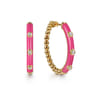 Enamel - 14K Yellow Gold Bujukan Beads and Diamond Split Classic Hoop with Fuchsia Enamel - 0.18 ct