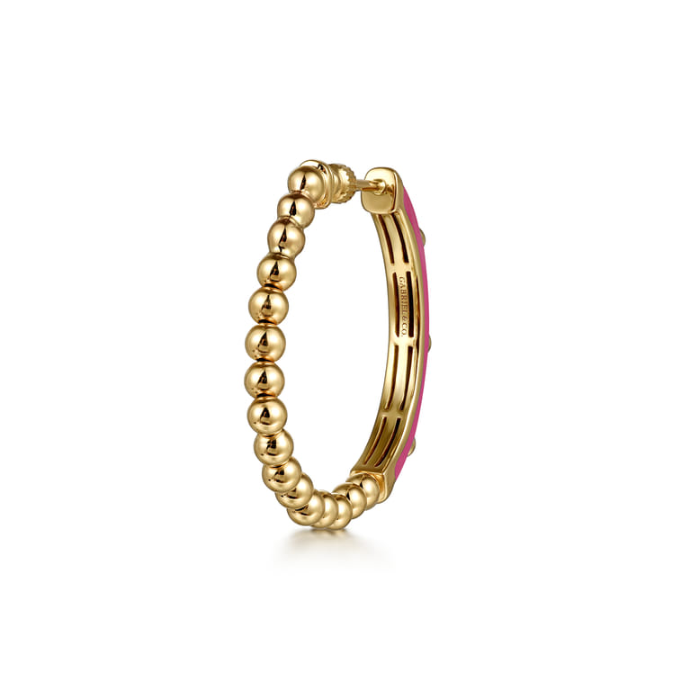 Enamel - 14K Yellow Gold Bujukan Beads and Diamond Split Classic Hoop with Fuchsia Enamel - 0.18 ct - Shot 2