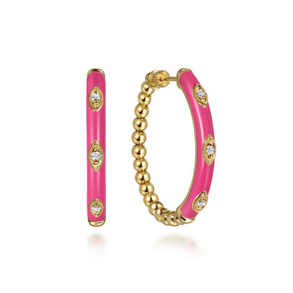 Enamel - 14K Yellow Gold Bujukan Beads and Diamond Split Classic Hoop with Fuchsia Enamel