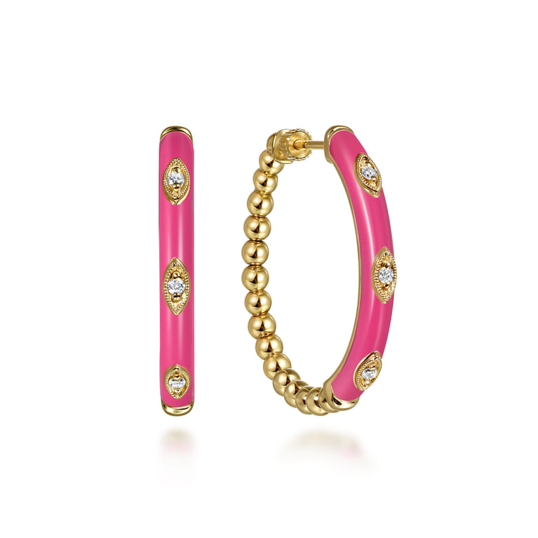 Enamel - 14K Yellow Gold Bujukan Beads and Diamond Split Classic Hoop with Fuchsia Enamel - 0.1 ct - Shot 1