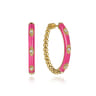 Enamel - 14K Yellow Gold Bujukan Beads and Diamond Split Classic Hoop with Fuchsia Enamel - 0.1 ct