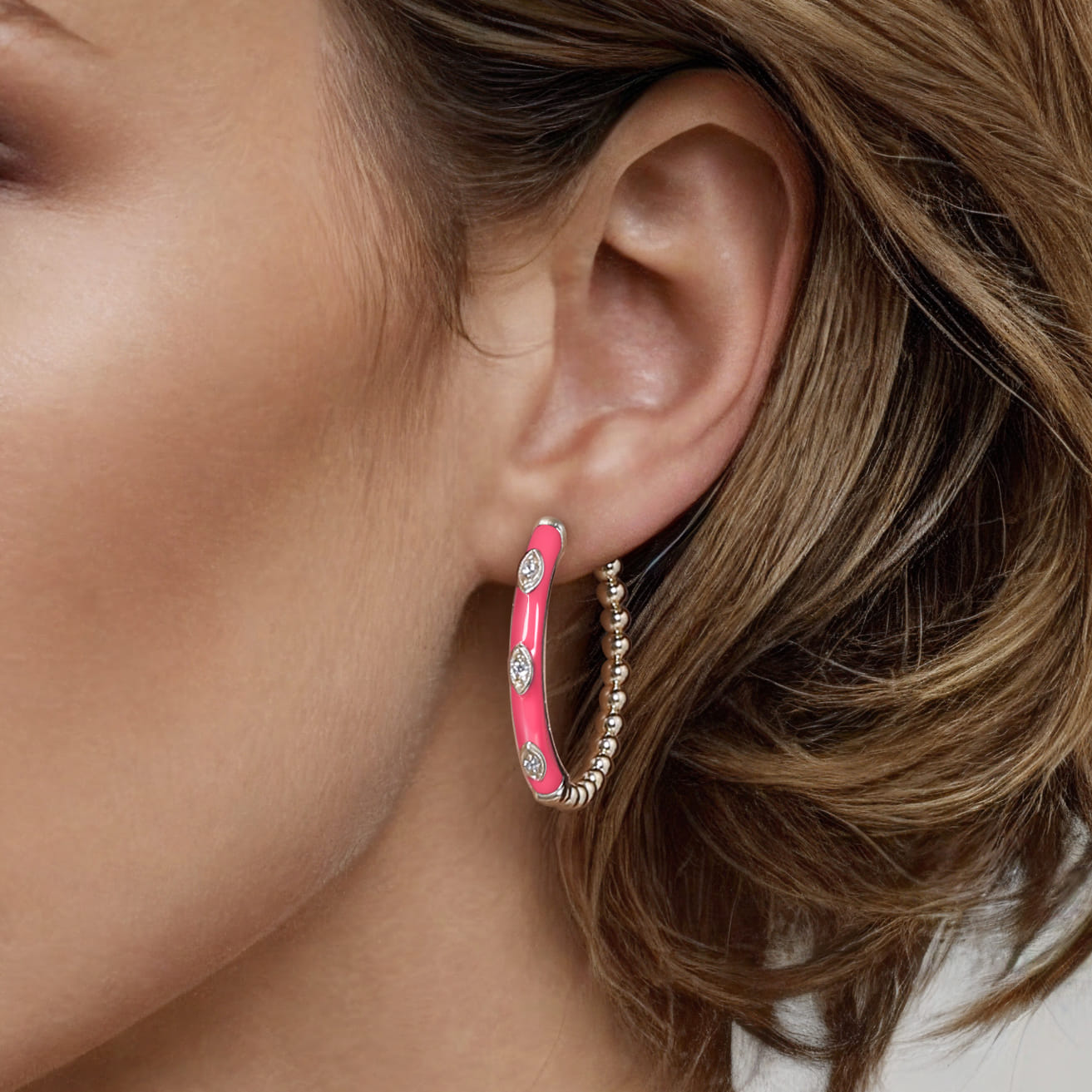 Enamel - 14K Yellow Gold Bujukan Beads and Diamond Split Classic Hoop with Fuchsia Enamel - 0.1 ct - Shot 4