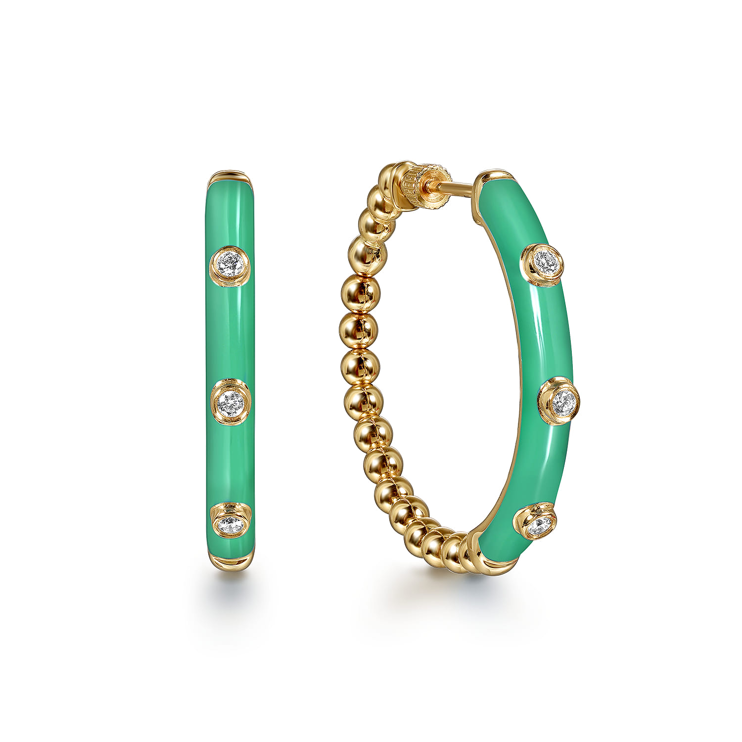 Enamel - 14K Yellow Gold Bujukan Beads and Diamond Split Classic Hoop with Mint Green Enamel - 0.18 ct - Shot 1